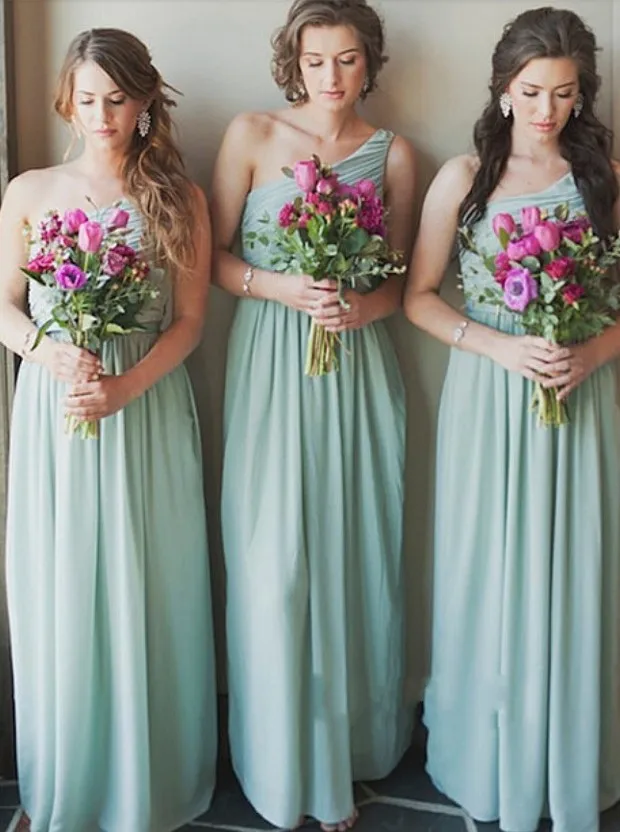 

Elegant A-line Bridesmaid Dresses Long One Shoulder Mint Green Chiffon Party Dress For Wedding