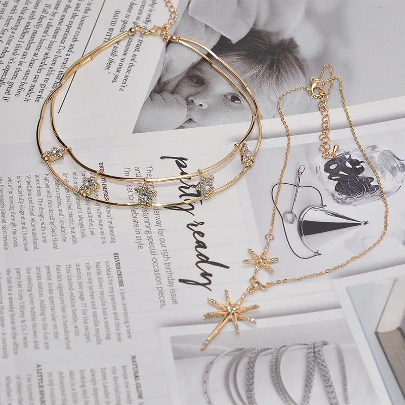 HUANZHI шикарные блестящие звезды Многослойные стразы колье короткая цепочка металлический дизайн ожерелье для женщин вечерние Ювелирные изделия Подарки