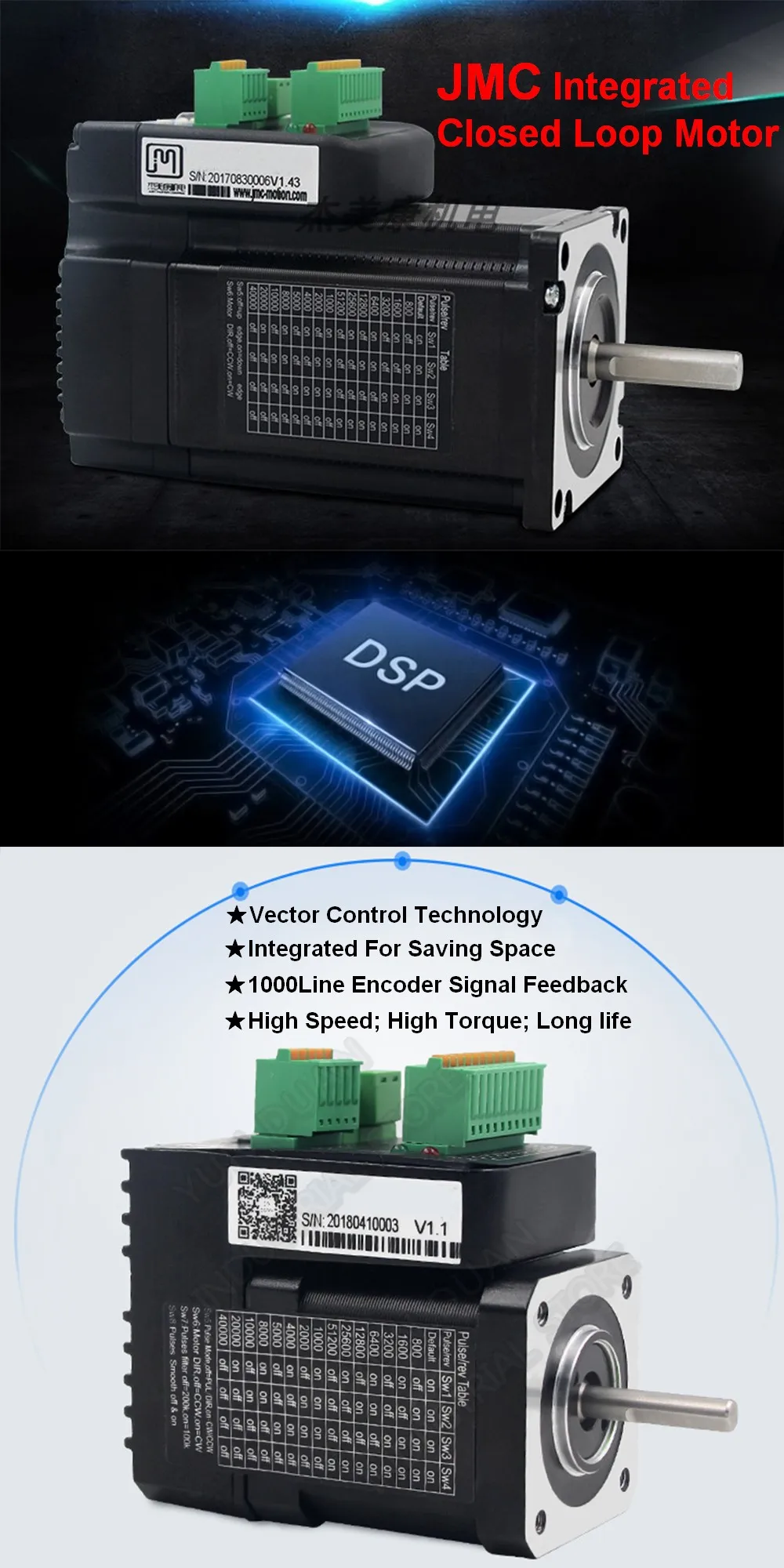 JMC 52 Вт интегрированный сервопривод NEMA17 4000 об./мин 3PH 42 мм 0.125Nm 24VDC DSP Гибридный замкнутый контур драйвер двигателя кодер для AGV рука робота