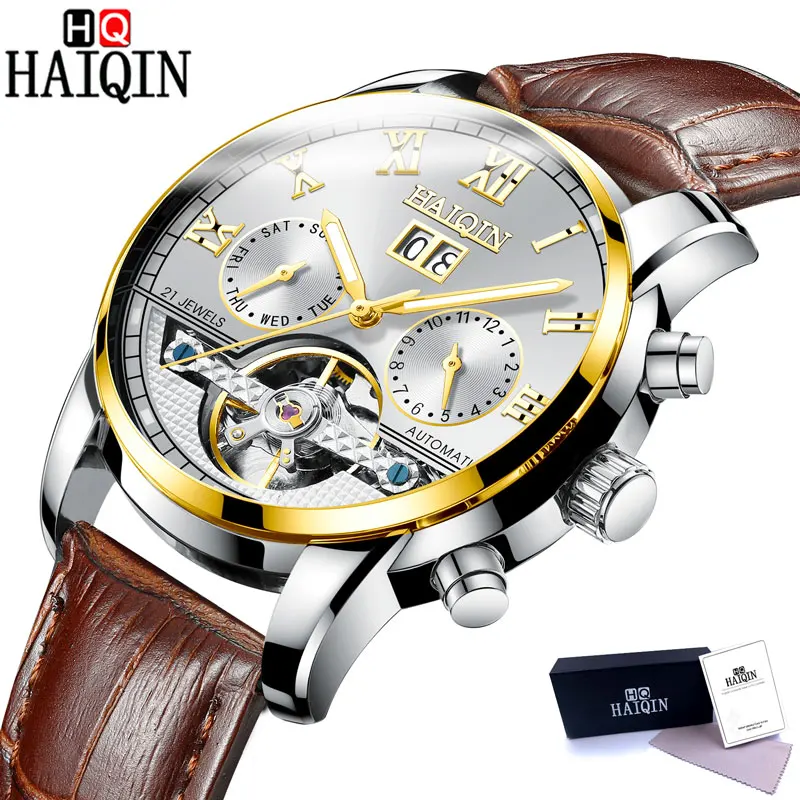 Gold White L Топ бренд класса люкс HAIQIN Мужские часы механические часы мужские часы автоматические часы мужские Водонепроницаемые турбийон Relogio Masculino - Цвет: Gold White L