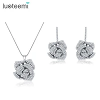 luoteemi gift romantic rose flower earrings and pendant neckalce aaa clear cz micro paved jewelry sets for women bijoux