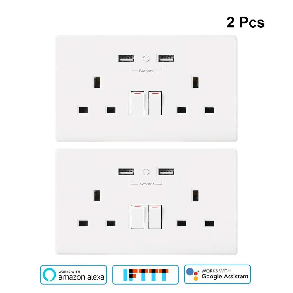 2 PCS Smart life Wifi умная розетка Великобритания управление переключателем таймера 13A настенная розетка и 2 usb порта Голосовое управление работает с Alexa Google IFTTT - Цвет: 2 PCS