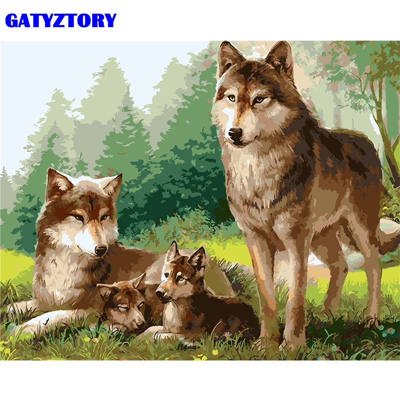 GATYZTORY рамка волк семья животные DIY Набор для рисования по номерам Акриловая Краска на холсте Раскраска по номерам настенная художественная картина