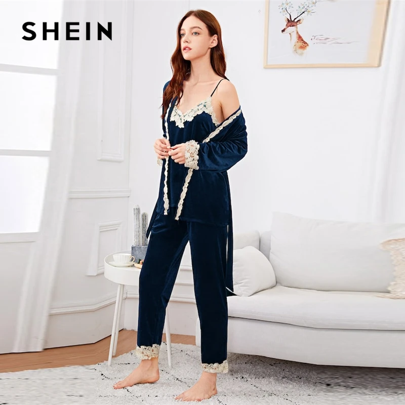 SHEIN Комплект Пижамы Из 3 Предметов Пижама С Кружевной Контрастной