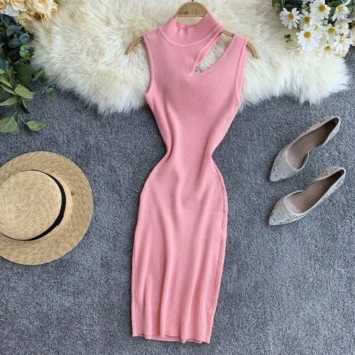 OCEANLOVE Knitted Sexy Dress Hollow Out Sleeveless High Waist Women Midi Dresses Summer Bodycon Retro Slim Vestidos 12431 - Цвет: Розовый
