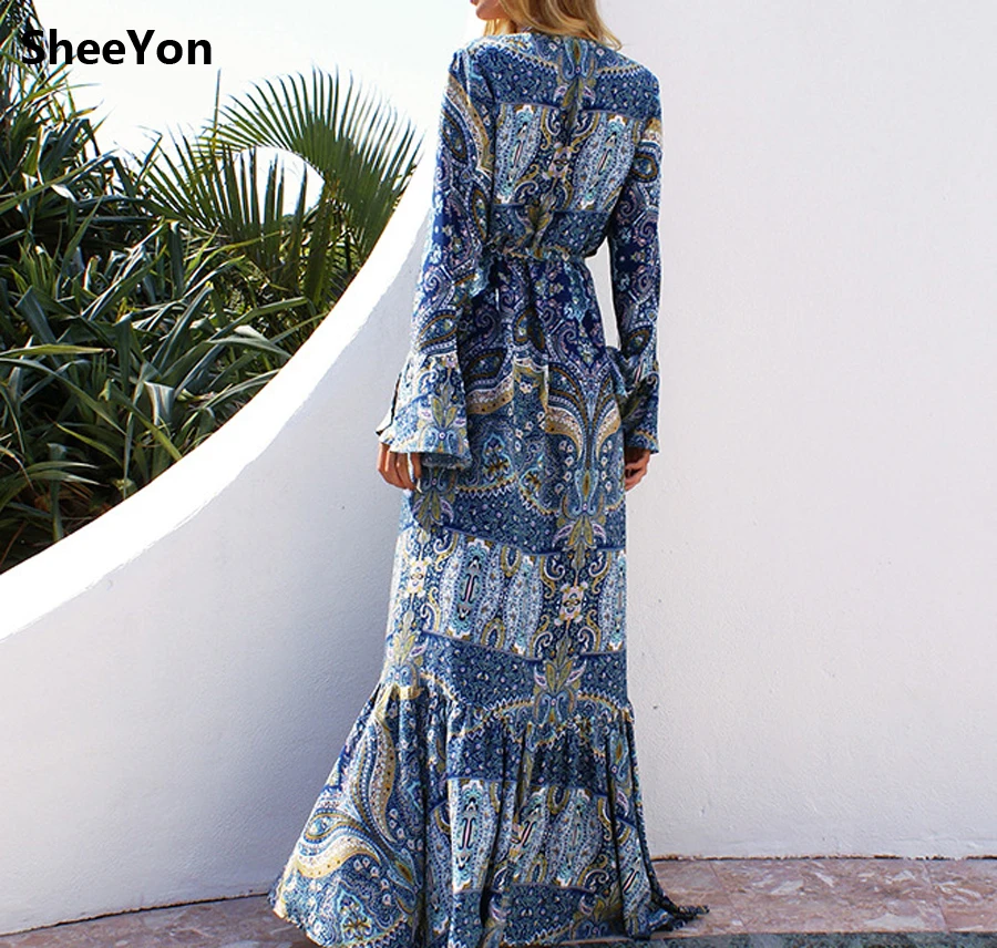 Sheeyon Для женщин полный рукав богемный пляж платье халат с расклешенными рукавами