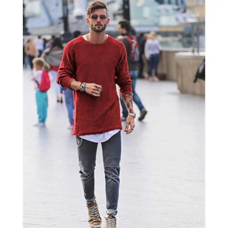 Модный вязаный пуловер свитер для мужчин Повседневная Однотонная футболка с