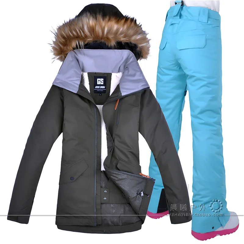light blue Gsou зимние женские лыжные штаны, куртка, одноцветная зимняя куртка, штаны с меховым капюшоном, сноуборд, костюмы, сноуборд, пальто, брюки, зимняя одежда - Цвет: light blue