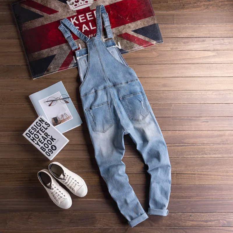 Модные синие джинсовые комбинезоны на весну и осень облегающие мужские в стиле