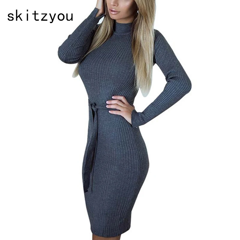 Skitzyou Женщины водолазка зима Тонкий Bodycon платье с длинным рукавом эластичные до