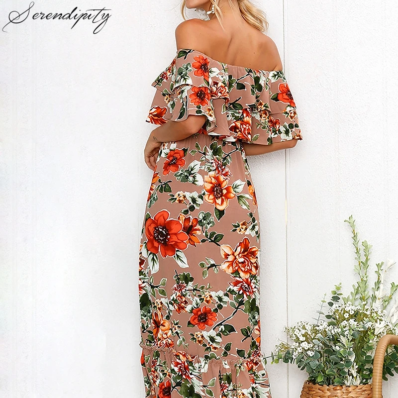 Женское платье с рюшами и цветочным принтом богемное Длинное Элегантное