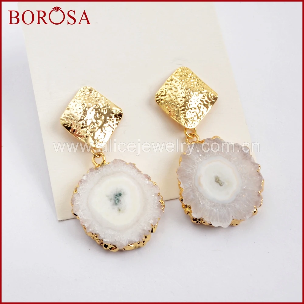 BOROSA, 5 пар, серьги из друзы, для женщин, гальваническое покрытие, золото, натуральный белый, Солнечная кварцевая серьга, модные серьги в форме капли G1594