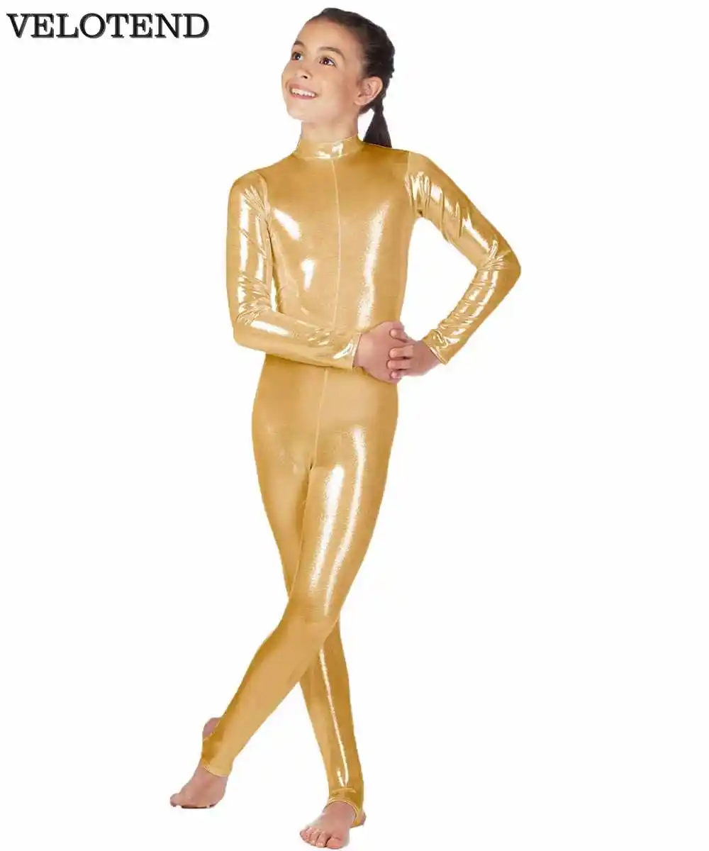 VELOTEND обувь для девочек металлик с длинным рукавом Unitards Stirrups Дети Водолазка