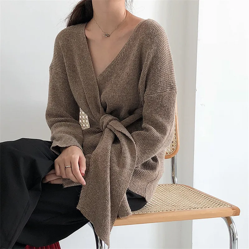 Korobov Sweater Feminine Korean Waist Lace Up Women Sweaters Solid Irregular Sueter Mujer V-Neck Casual Knitted 75917 | Женская одежда