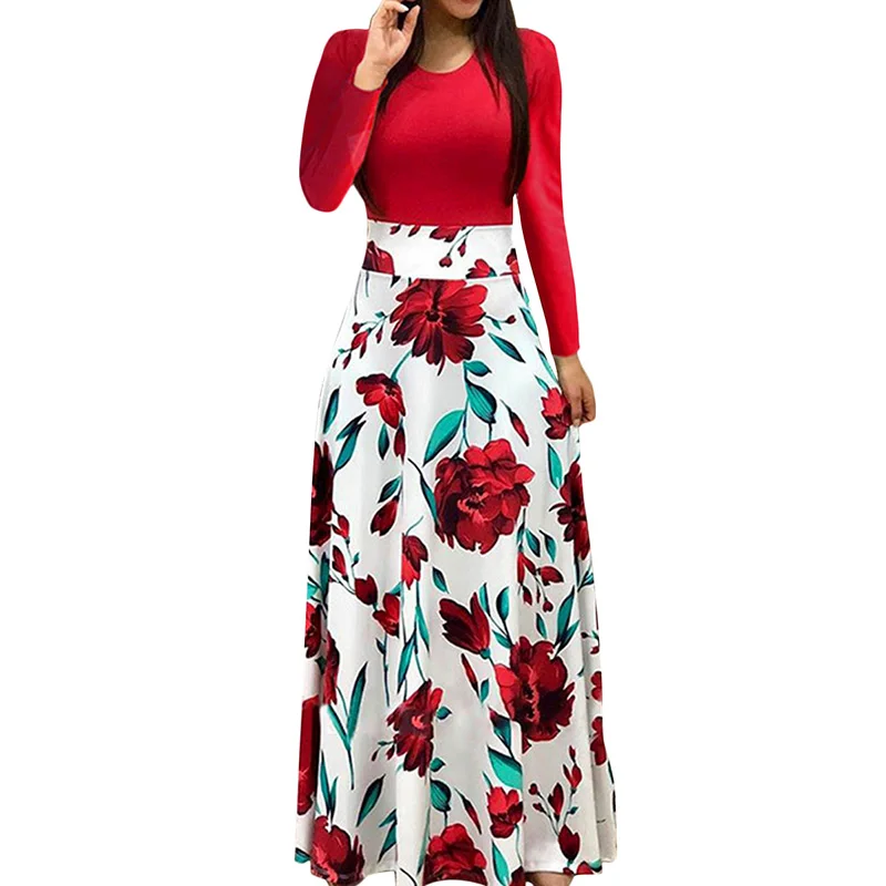 Повседневное женское платье с цветочным и полосатым принтом круглым вырезом