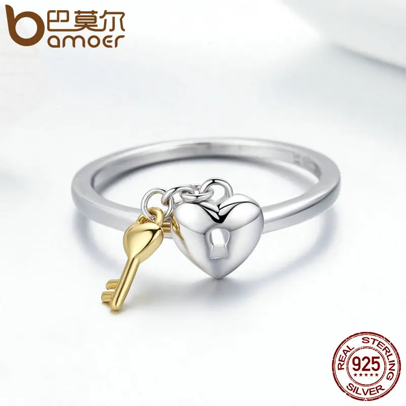 BAMOER 925 пробы Серебряное сердце замок с золотым цветом ключ палец кольца для женщин юбилей обручение ювелирные изделия S925 SCR205