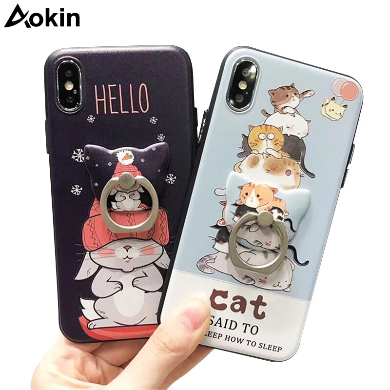 Aokin Cute Cat Phone Cases for iPhone X Case Cool Rabbit Optional Stand Ring Holder Soft Silicone Relief Cover Capa |