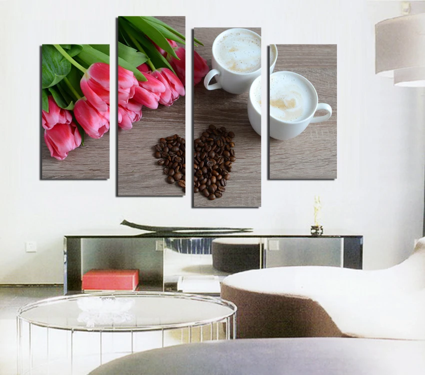 4 Pcs/Set red rose coffee beans love shape Canvas Prints Painting Modern hd flower pictures Wall for Living Room Decor | Дом и сад
