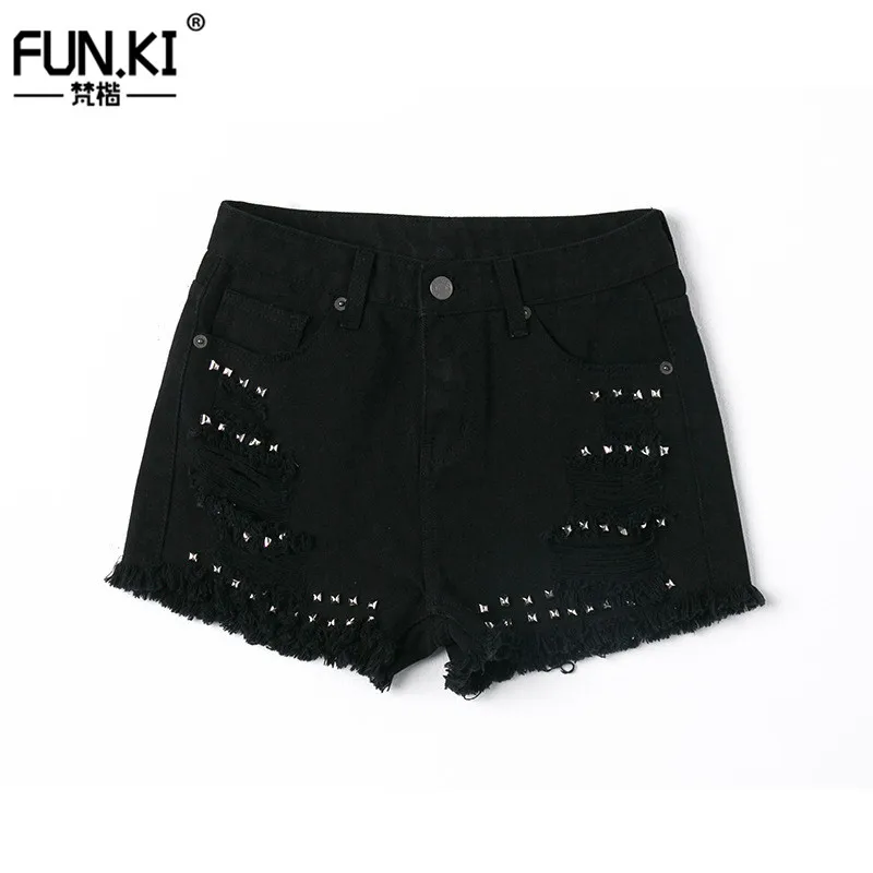 Funki рваные Шорты для женщин Джинсы Для пикантные панк заклепки Соблазнительные