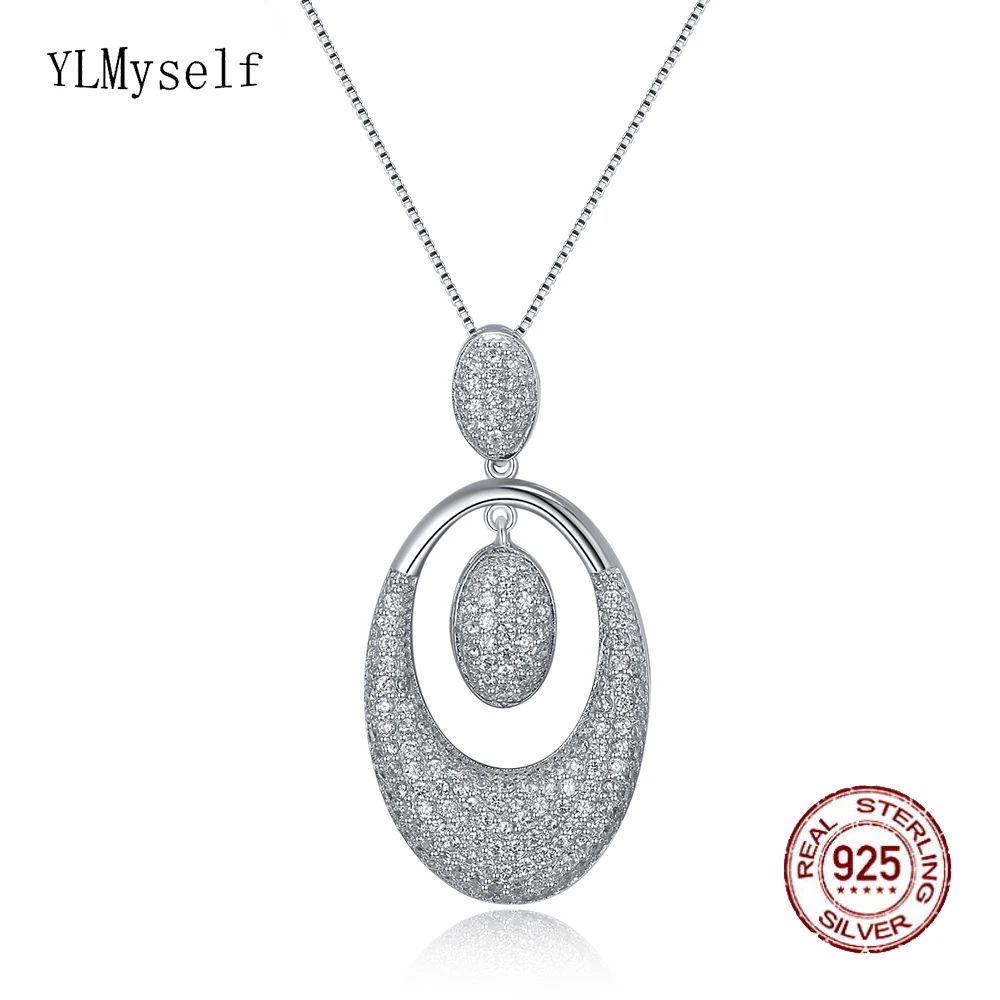 Solid 925 Sterling Silver Luxury Pendant Women's Necklace Fine Jewelry Oval Real Suspension Elegant Jewellery Statement | Украшения и