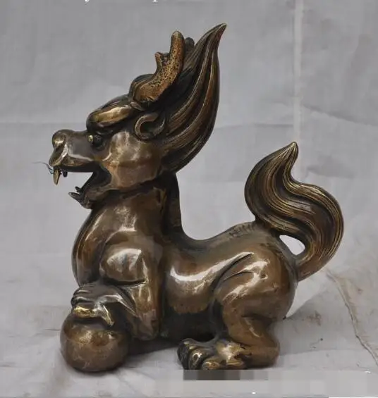 

S01325 8" Chinese fengshui bronze copper guardian Unicorn Kylin Weird Wild beast statue