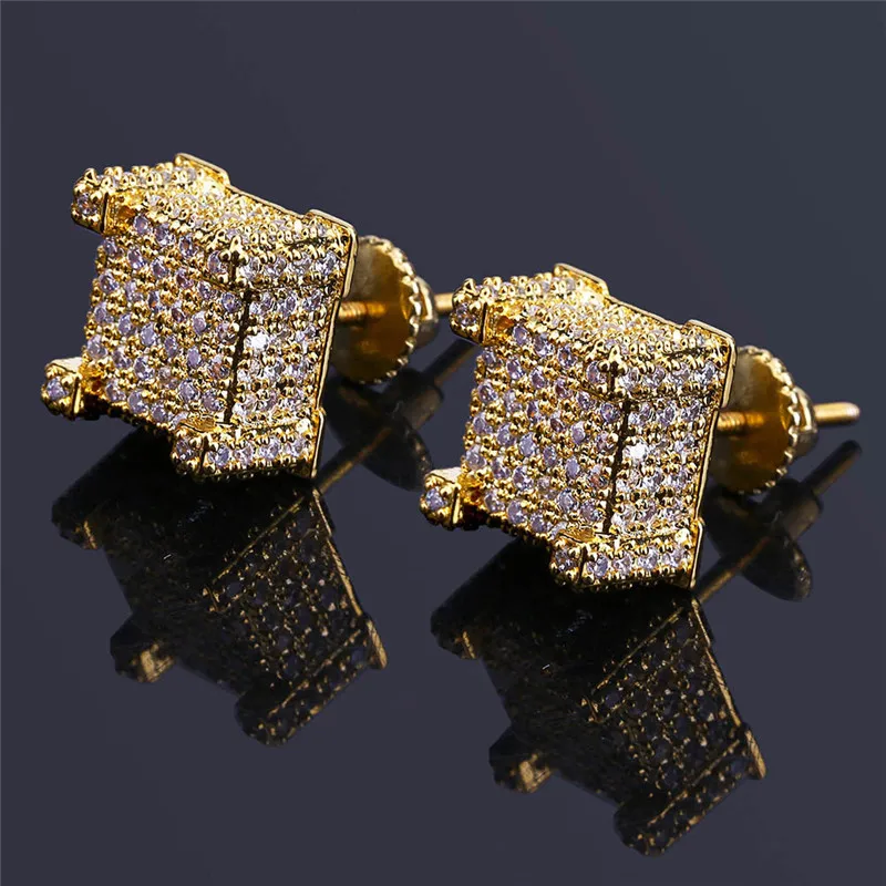 

HIP Hop 1Pair Full Pave Rhinestone Gold Silver Earrings Copper Titanium Iced out Bling For Men Women Jewelry Dropshiping