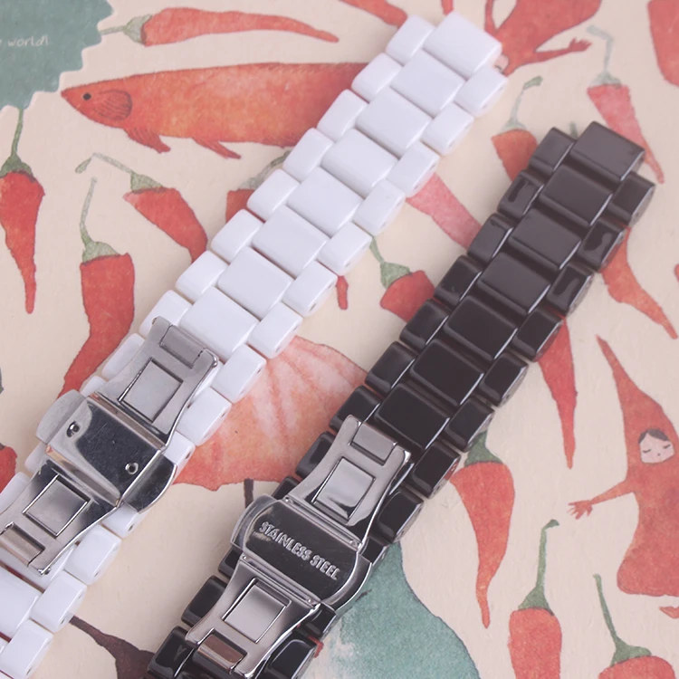 

Convex Watchband Ceramic Black White Watch for Chanel Bracelet Bands 19mm Strap Special Solid Links Folding Buckle