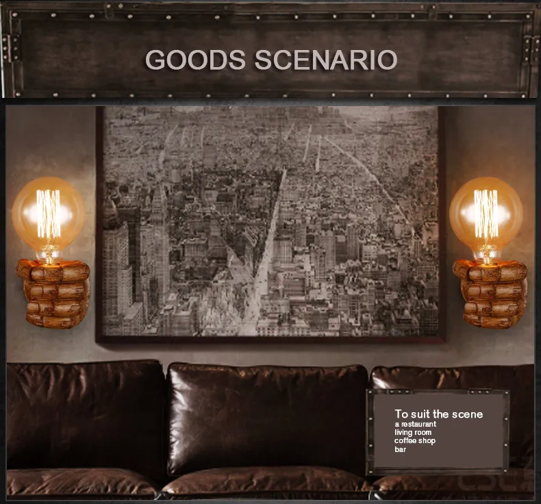 Лампа винтажная в стиле лофт форме кулака настенный светильник из смолы s E27