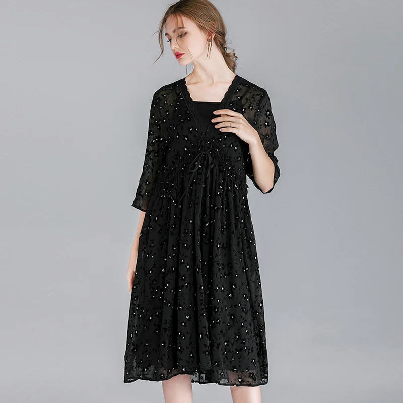 Женское шифоновое платье в горошек свободное средней длины с завязками стиле