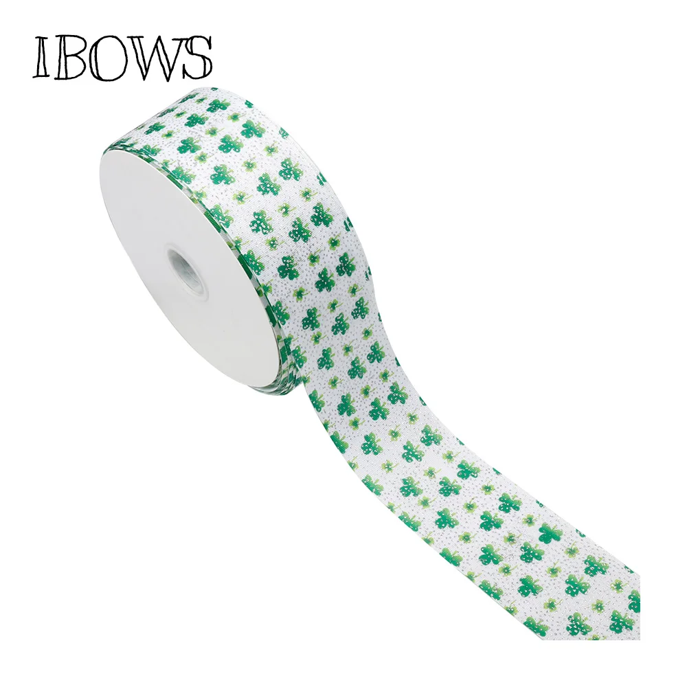 

IBOWS 2yards 3" 75mm Glitter Ribbon Clover Printed Glitter Fabric DIY Hairbows Accessories Gift Package Handmade Crafts Material