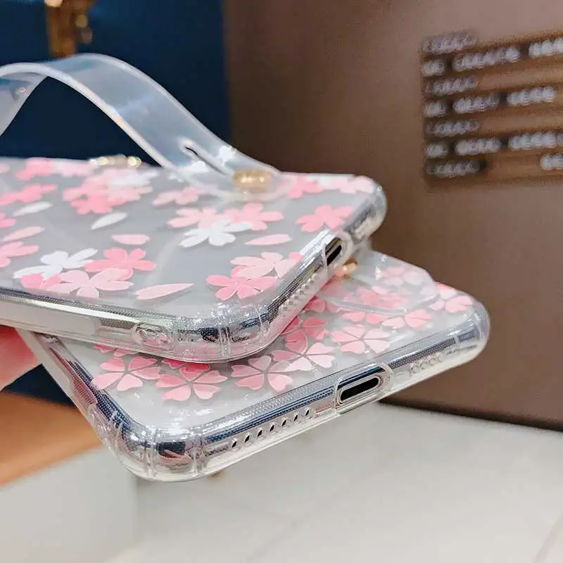 Boucho Transparent Wrist Strap Phone Case For iphone XR X Xs max 6 6s 7 8 plus Fashion Flower Pattern Cover |