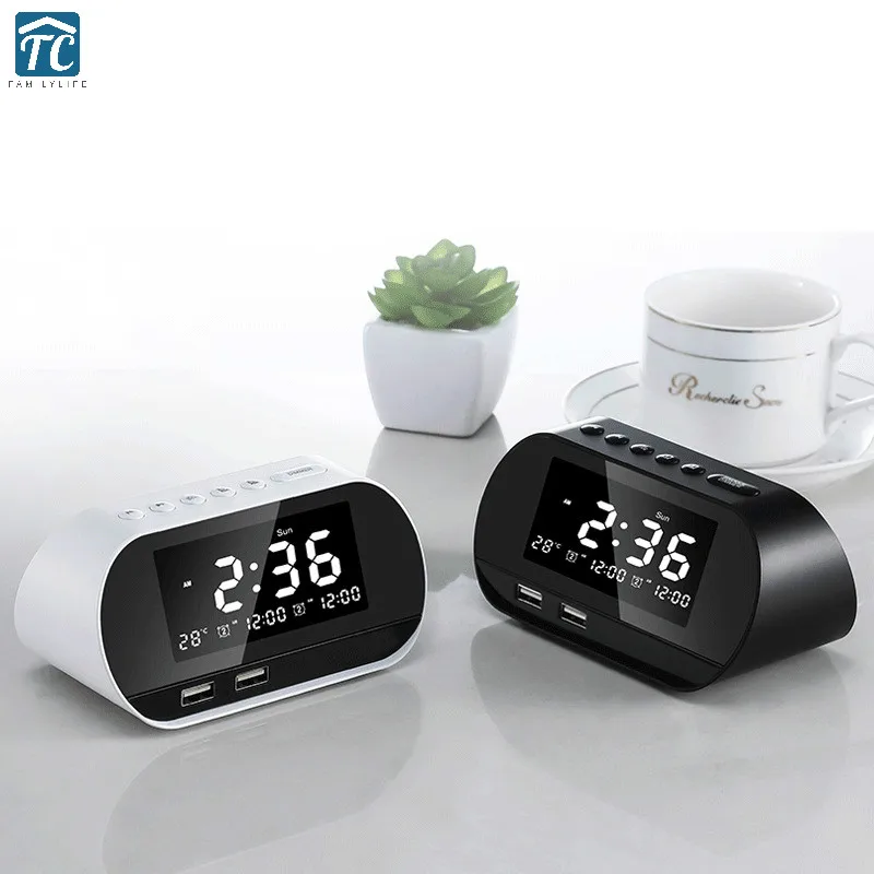 

Alarm Clock Wireless FM Radio Digital LCD Display 2 USB Ports Temperature Snooze Perpetual Calendar Despertador Electronic Watch