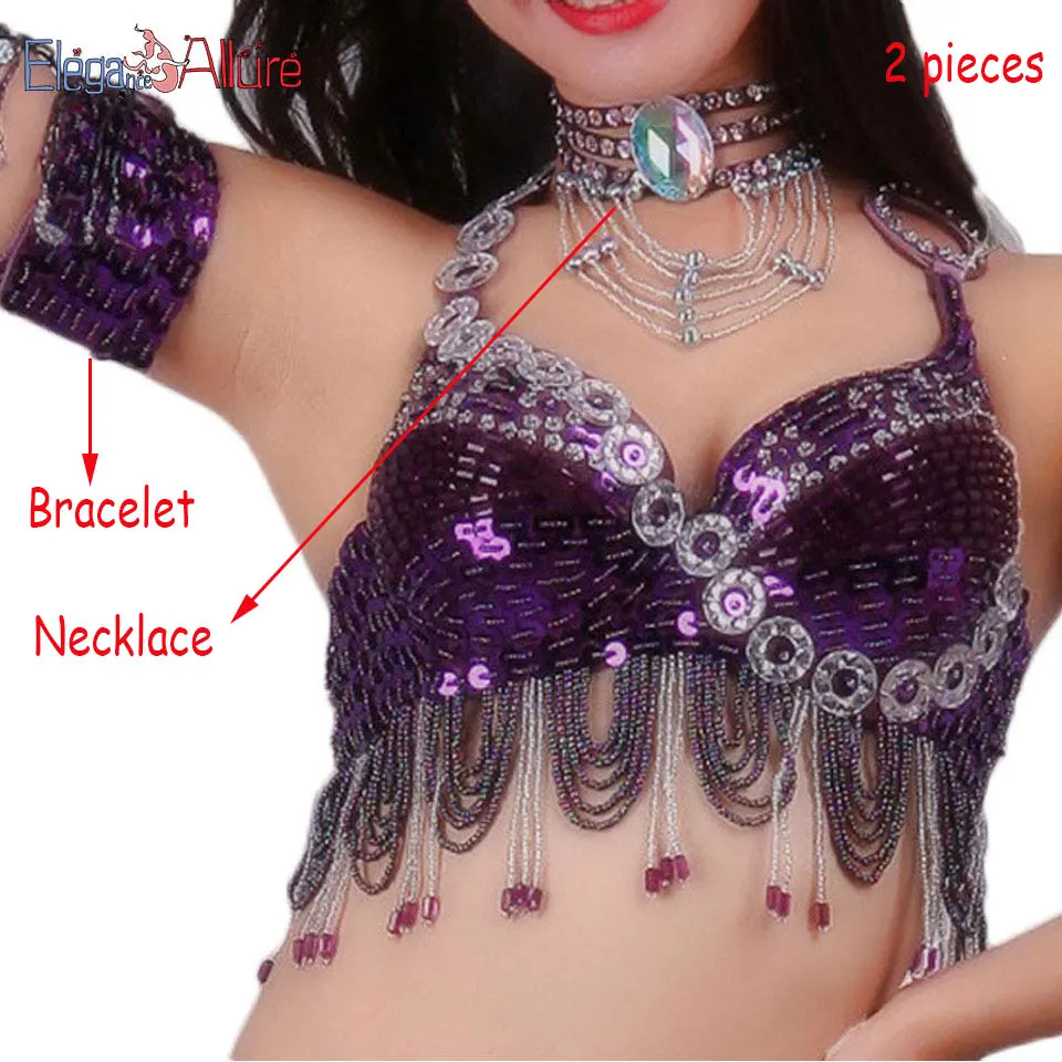 Purple 2pcs NBC E&A, 2 шт., женский костюм для танца живота, комплект для выступлений, набор для танца живота, модный топ, пояс, ожерелье, браслет, юбка, Одежда для танцев - Цвет: Purple 2pcs NBC