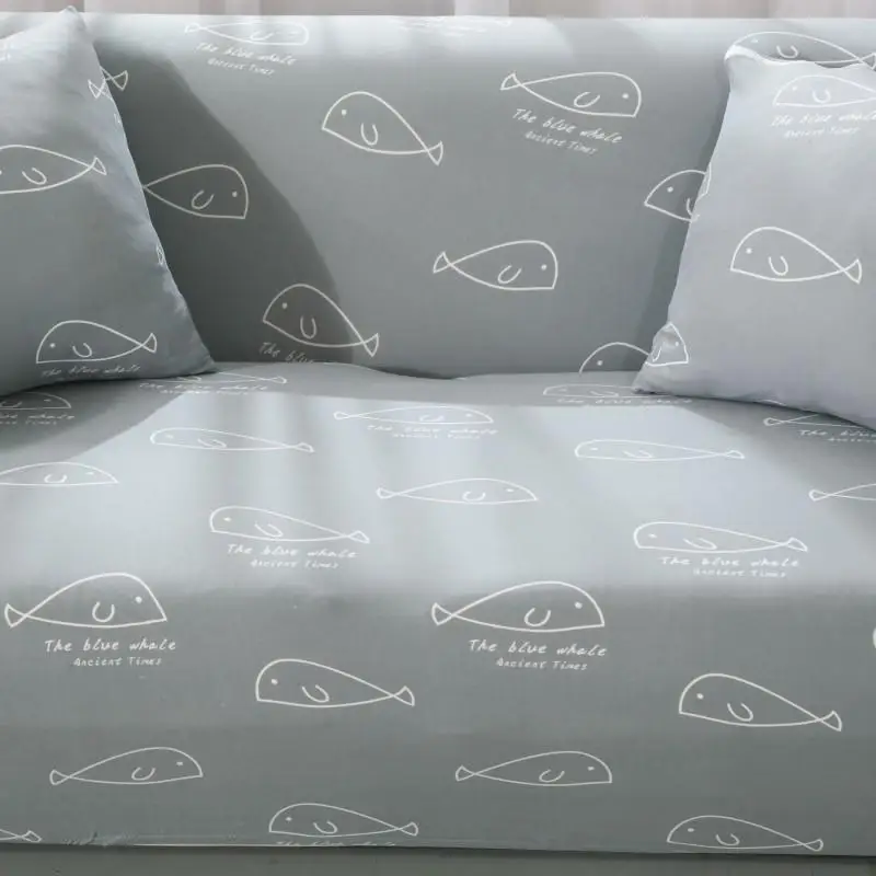 Light Gray Fish Simple Stretch Sofa Protector Cover for Living Room Sofa Slipcovers Sectional L Shape Sofacover 1/2/3/4 Seater