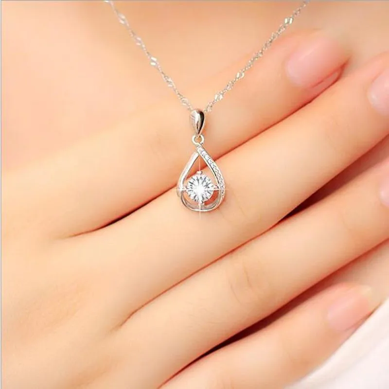 Shiny Cubic Zirconia Water-drop Pendant Necklace Women Jewelry Fashion Silver 925 Necklace For Lady Choker Accessories thanksgiving shiny green crystal cubic zirconia virgin mary pendant necklace fashion jewelry gift present for women pgy030