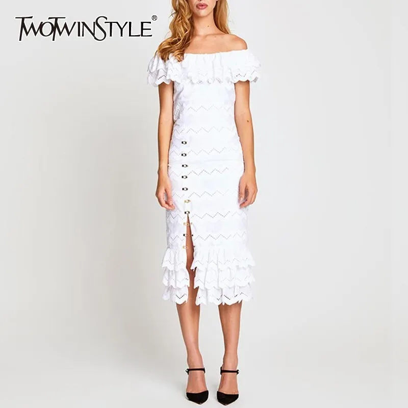 TWOTWINSTYLE тонкое платье для женщин с косой вырез оборками рукавом Миди
