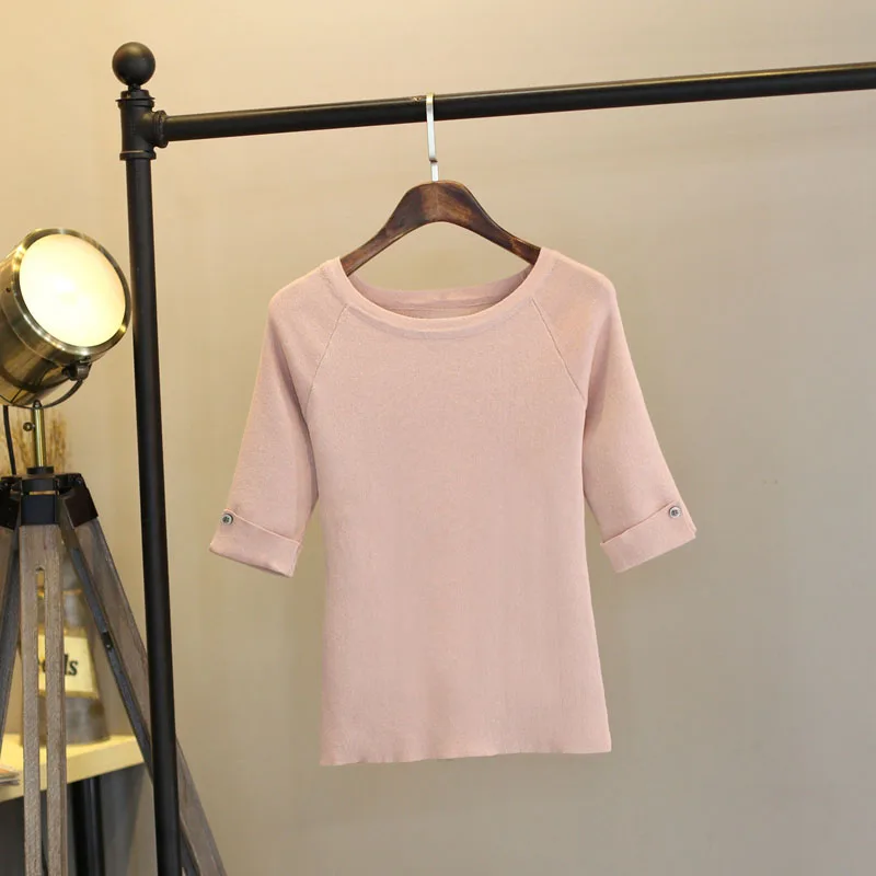 M-XXL Summer T Shirt Women Top Tee Hal Sleeve T-Shirt With Button Decorate High Elastic Knitting Tshirt Femme Harajuku | Женская одежда