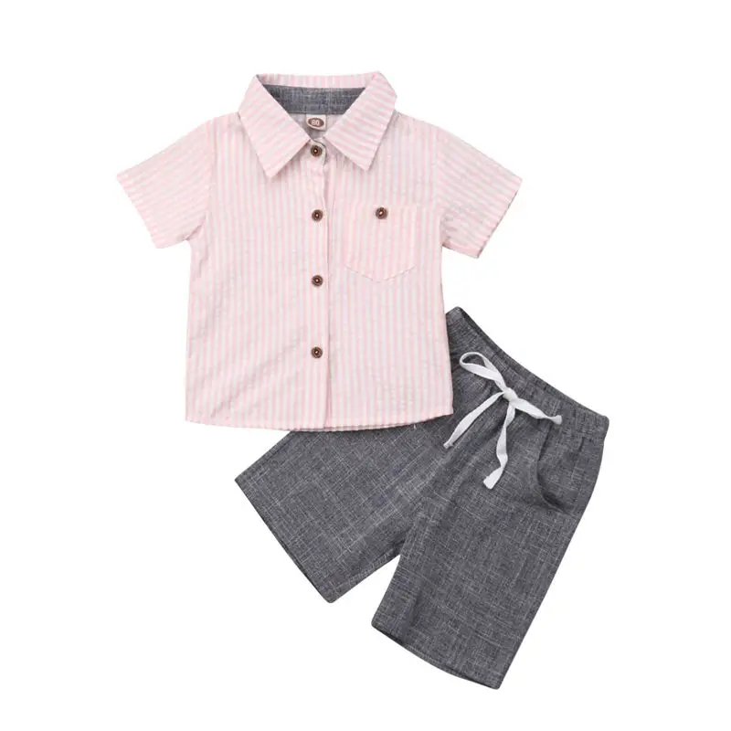 

2019 Baby Boys Striped Clothes Set Summer Toddler Kids Outfit Button Shirt+Shorts Children Clothing Set 2pcs 1-5T
