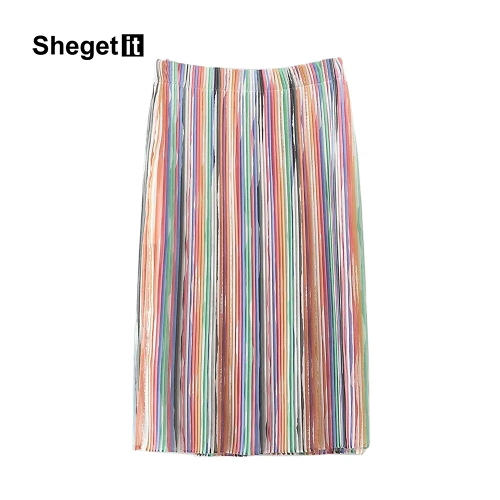 Shegetit полосатый градиент Цветной плиссированные Юбки для женщин Для шикарный