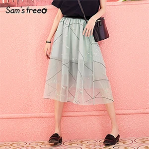 Grey Samstree женская летняя фатиновая юбка с блестками и вышивкой трапециевидной формы винтажная юбка с эластичной талией до середины икры - Цвет: Grey