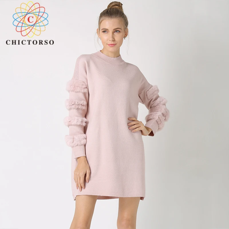 Chictorso/платье-свитер с натуральным мехом женские джемперы длинными рукавами