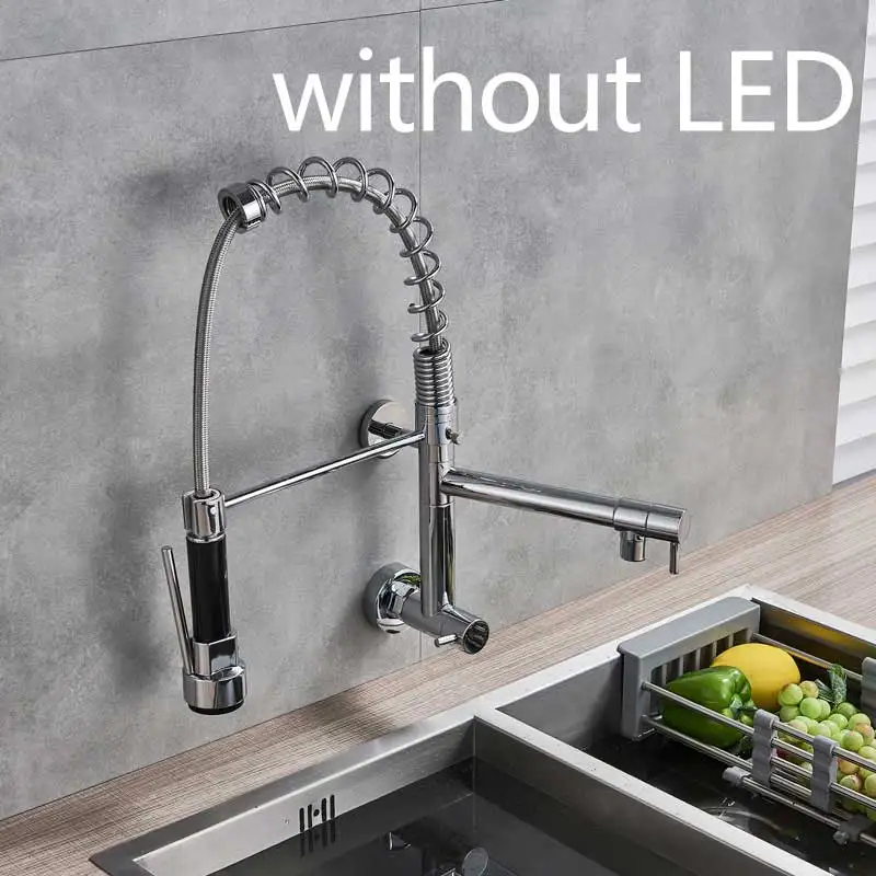 chrome without LED Светодиодный кухонный кран с 2 носиками и одной ручкой для мытья холодной воды, настенный смеситель - Цвет: chrome without LED