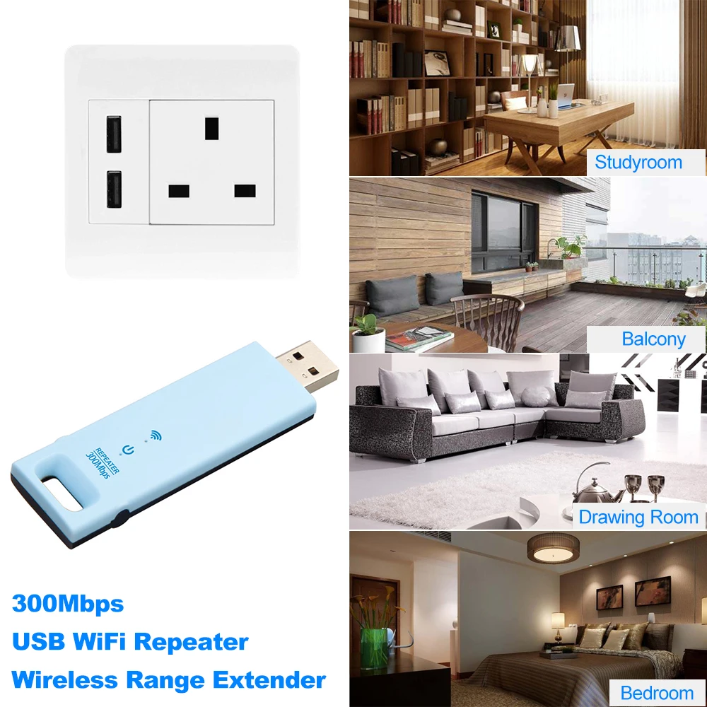 Беспроводной расширитель диапазона 300 Мбит/с USB Wi-Fi усилитель сигнала синий с