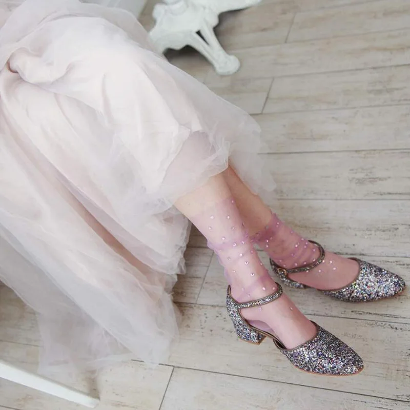 ZZIYEETTM 1 Pair Summer Trendy Romantic Shiny Socks Breathable Chic Glitter Crystal Ultra-thin Lace for Girls | Женская одежда