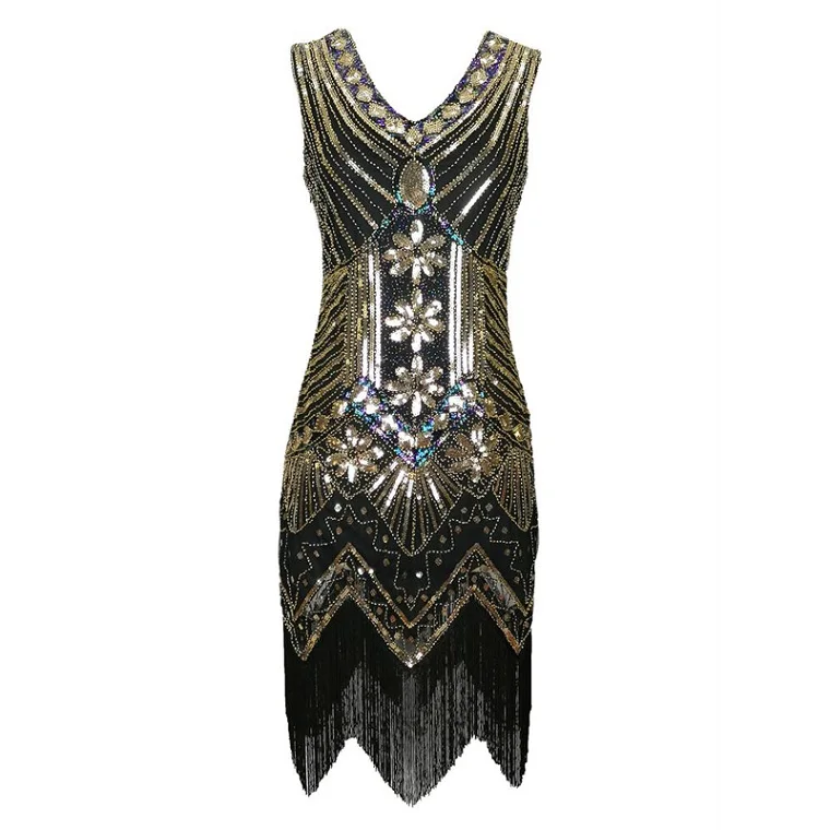 black plus gold Женское винтажное платье в стиле Грейт Гэтсби 1920 года, платье с блестками в стиле арт-деко, платье с двойным v-образным вырезом и кисточками, облегающее платье для вечеринки с бисером - Цвет: black plus gold