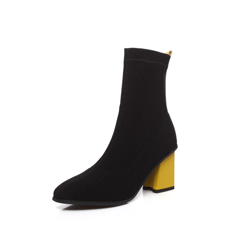 yellow heel MORAZORA/большие размеры 33-43; новые модные растягивающиеся ботинки; женские ботинки на Высоком толстом каблуке; сезон осень-зима; высококачественные женские ботильоны - Цвет: yellow heel
