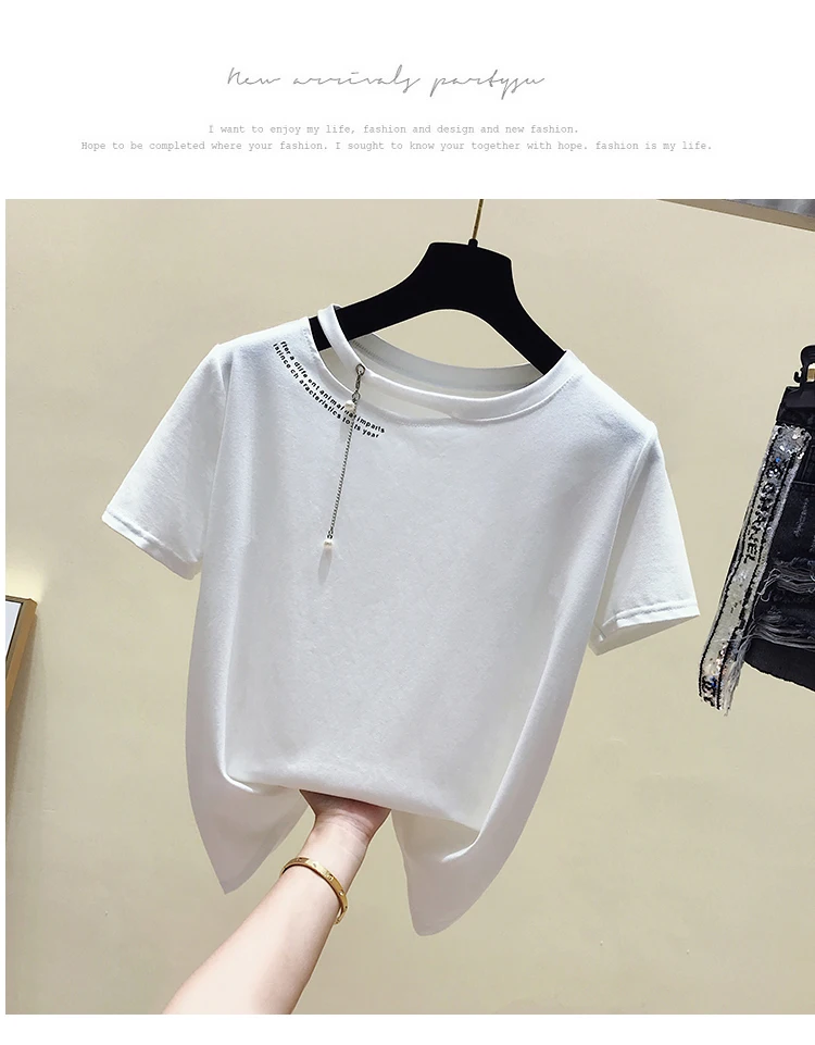 Camisetas Mujer Verano, Забавные футболки с жемчужинами, женские хлопковые футболки с коротким рукавом, женские топы, белая футболка, женская футболка