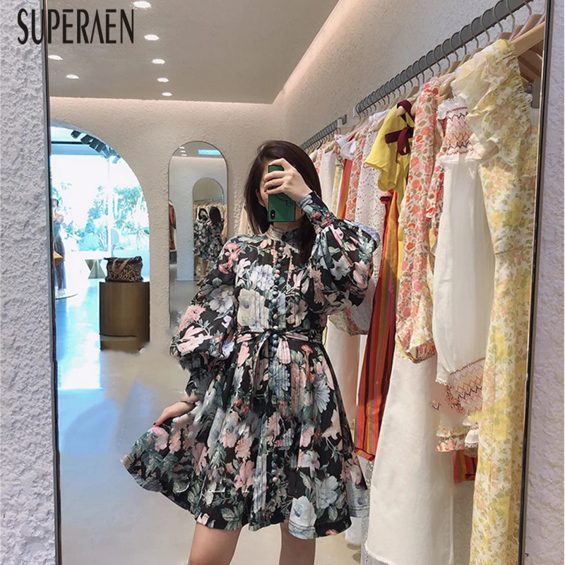 SuperAen, летнее новое женское платье, модное, хлопковое, с принтом, с длинным рукавом, женское платье, однобортное, Европейская Женская одежда