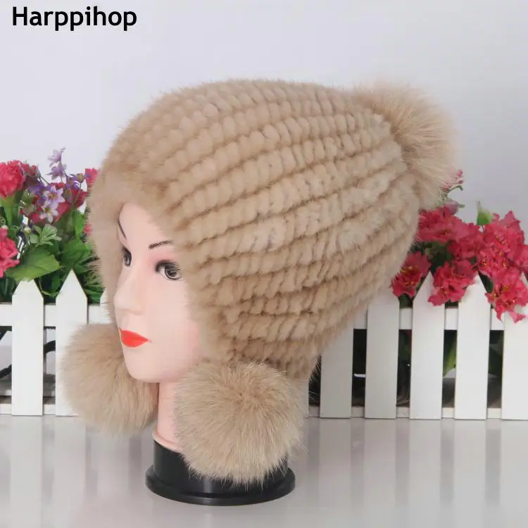 HARPPIHOP разноцветная норковая шапка женская зимняя меховая теплая шапка с ушками модная Милая настоящая норковая вязаная шапка из натурального меха - Цвет: khaki