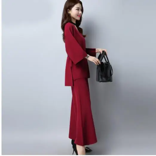 Knitting Sweater Pantsuit Two Piece Set Knitted Pullover office lady High Waist Wide Leg Pants Women's Suit | Женская одежда